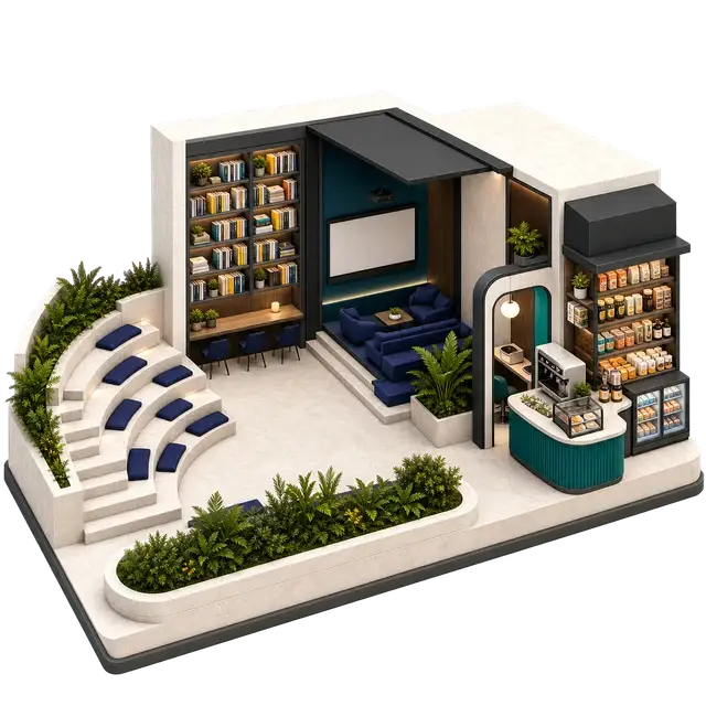 Isometric community convenience hub with reading area, small performance space and service counter