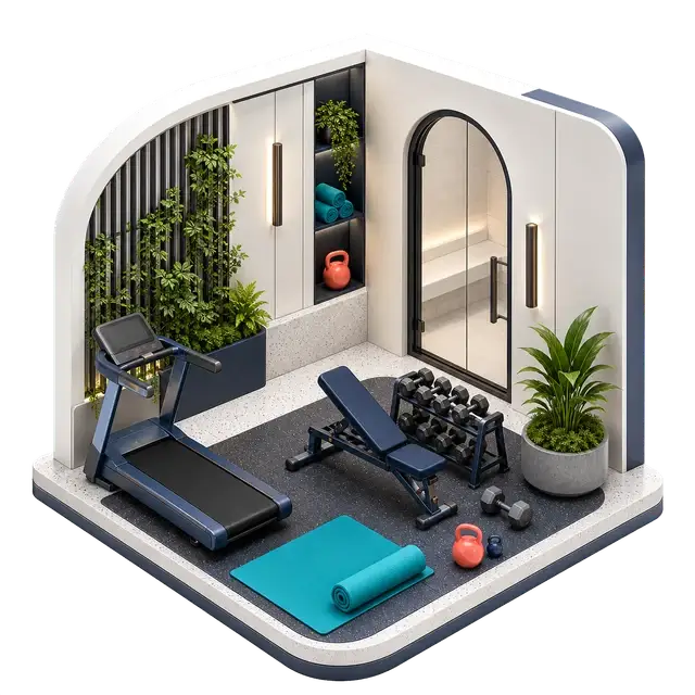 Isometric fitness studio with exercise equipment, open workout space and wellness accessories