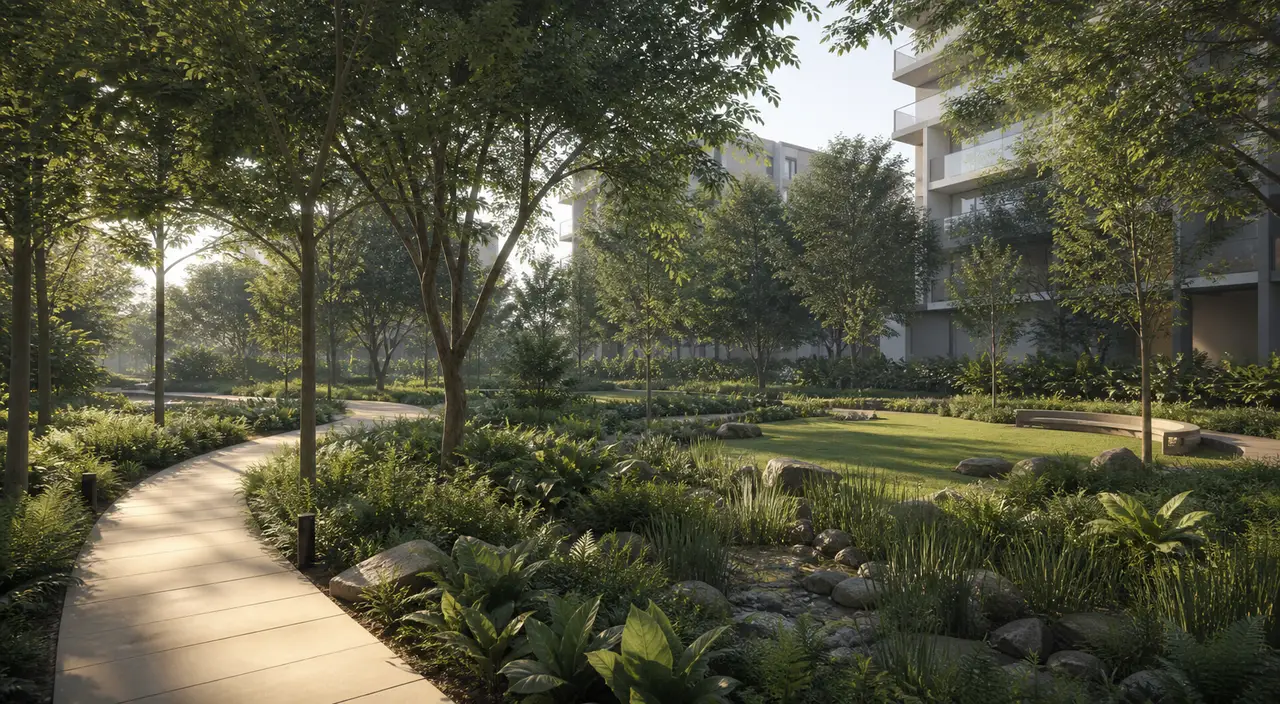 Conceptual shaded garden walk in a residential setting