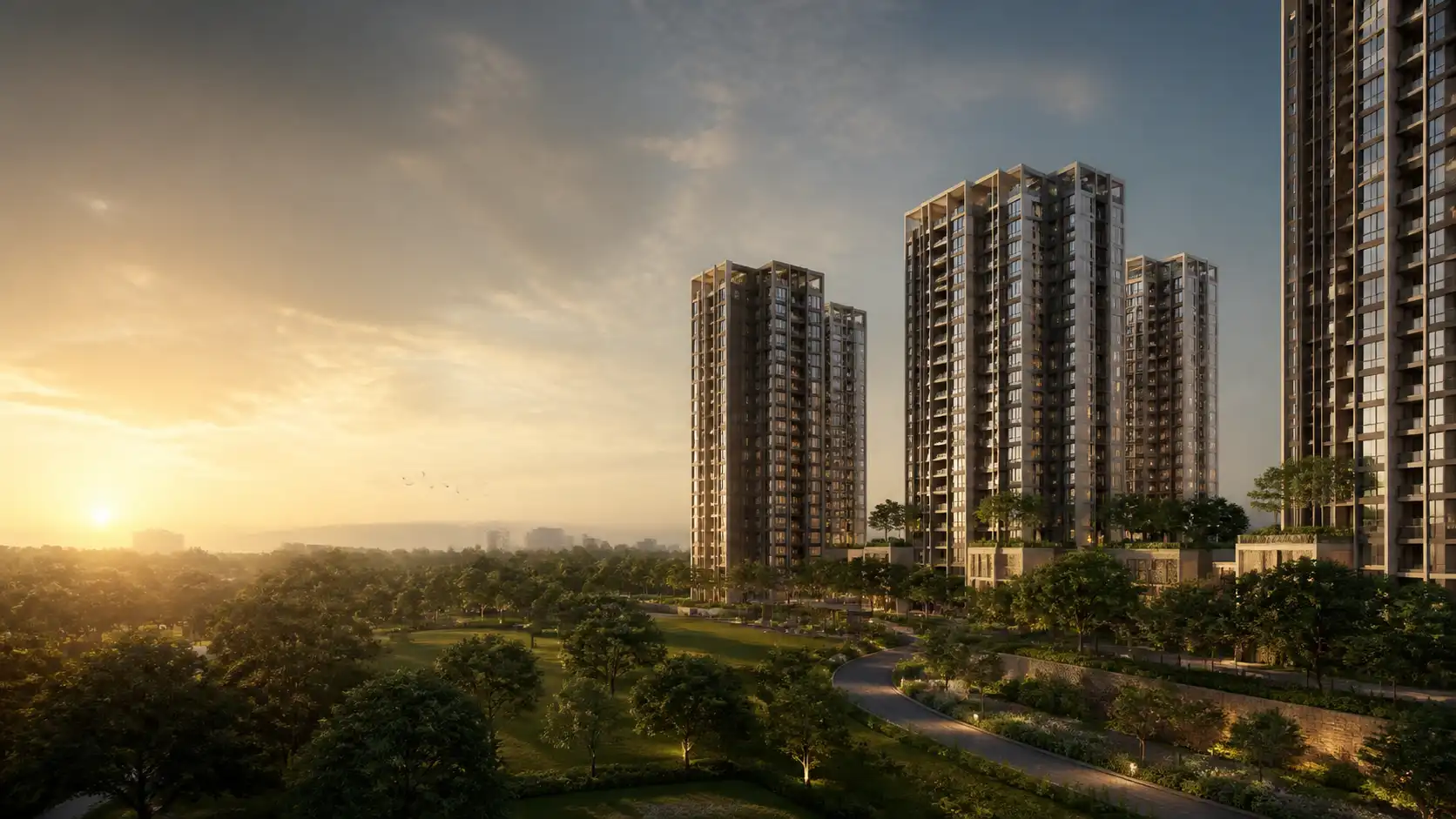 Conceptual residential landscape and contemporary buildings at warm dusk